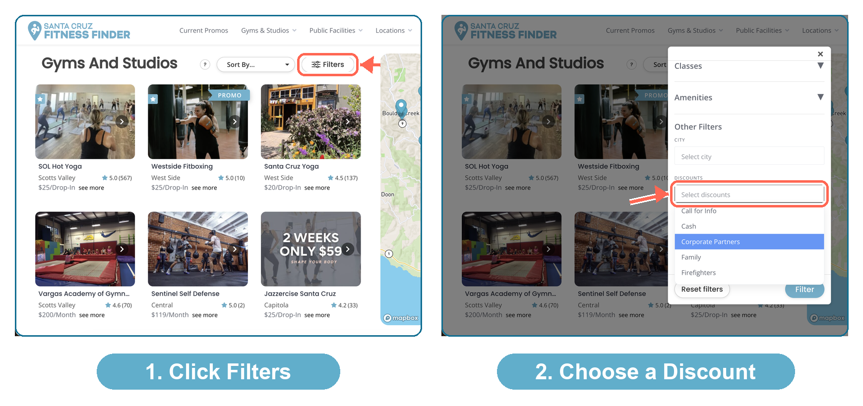 Two-step guide showing how to click Filters and choose a discount on Santa Cruz Fitness Finder